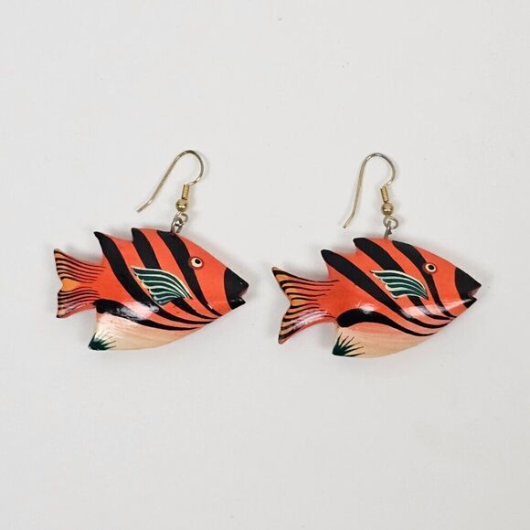 Vintage Fish Hand Painted Orange Wood Dangle Hook Pierced Tropical Boho Earrings - Picture 2 of 9